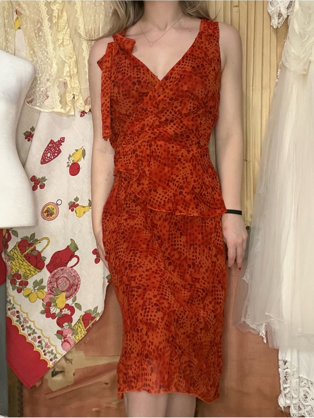 Vintage 90’s Bob Mackie Burgundy and Rust Polka Dot Silk Dress